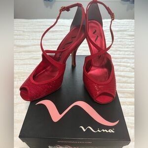 Nina Olympia Red Sequins Peep Toe Cross-Strap Heels
